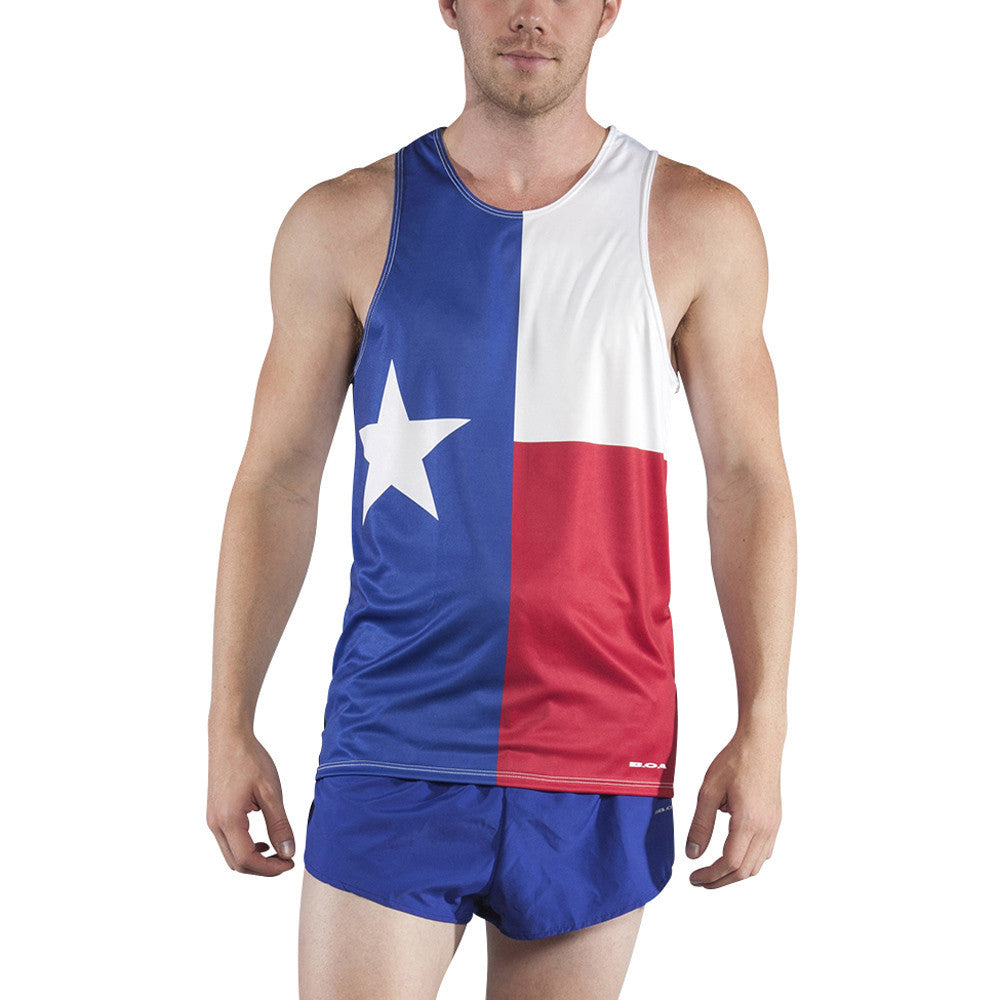 Men's Competitor Lite Printed Singlet featuring a bold Texas state flag design with blue, white, and red panels and a lone star, paired with matching blue running shorts.