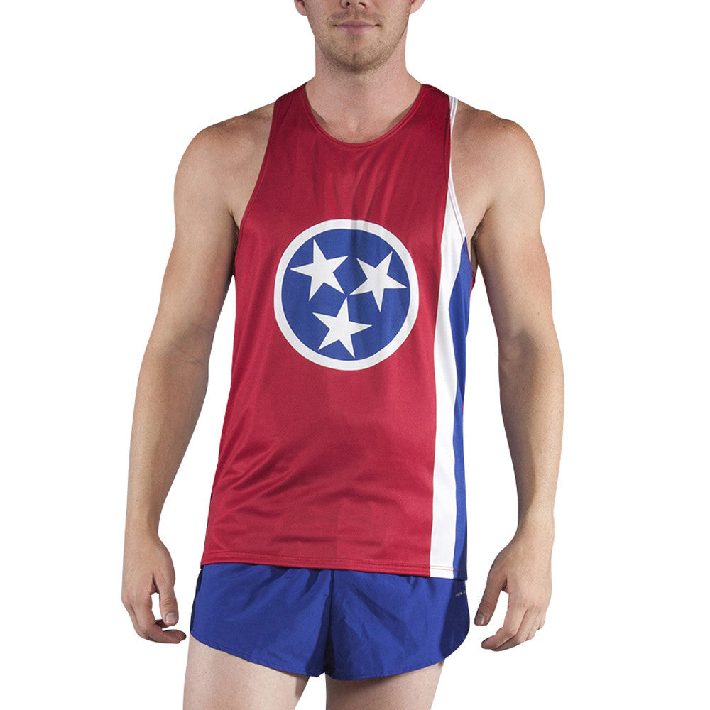 Men's Competitor Lite Printed Singlet featuring the Tennessee state flag design with a blue circle and three white stars on a red background, paired with blue running shorts.