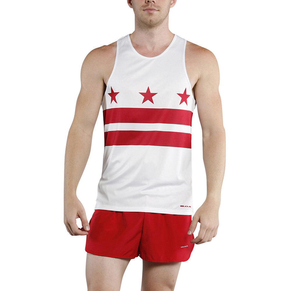 Men's Competitor Lite Printed Singlet in white with red three-star and double-stripe Washington DC flag design, paired with matching red running shorts.