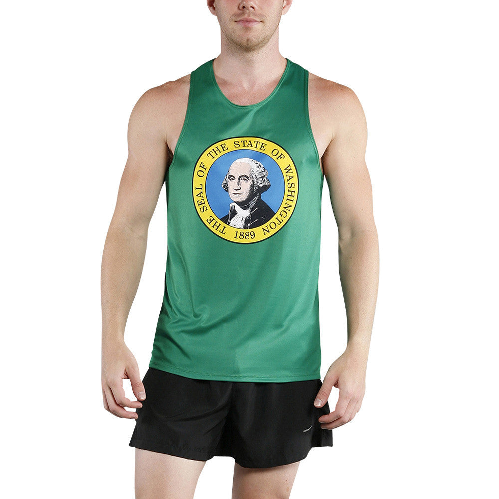 Men's Competitor Lite Printed Singlet featuring the green Washington State seal design with George Washington portrait on a sleeveless athletic running shirt paired with black shorts.