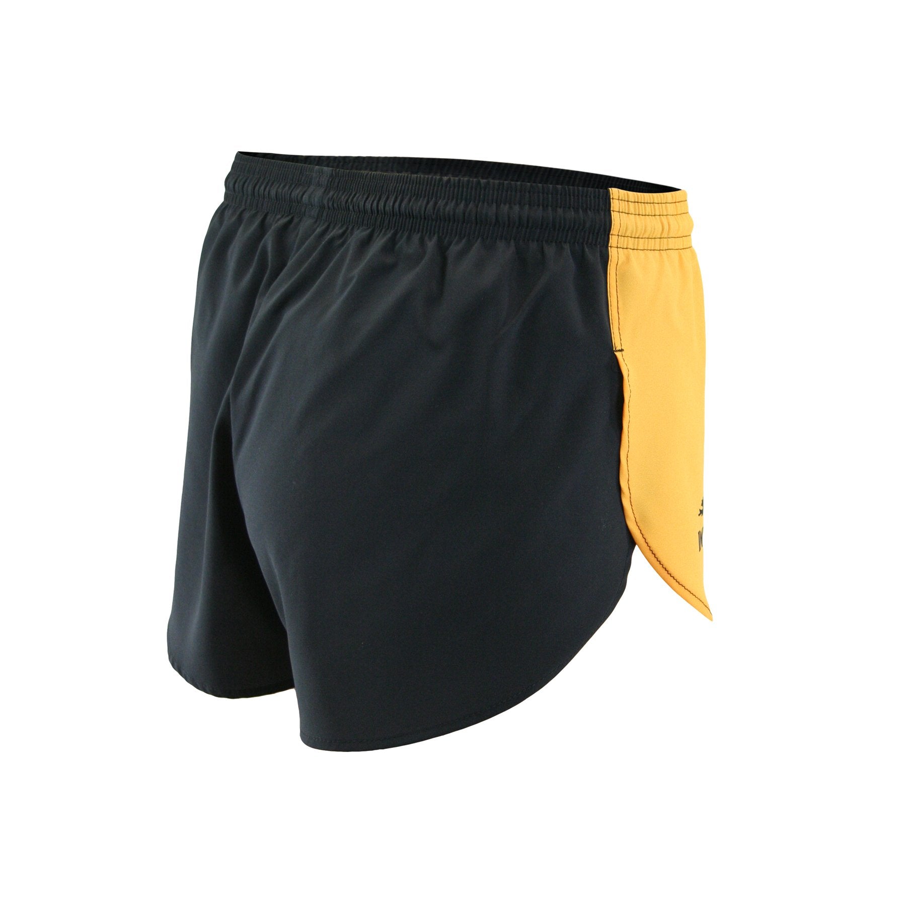 Men's Flag 1" Elite Split Shorts in black with gold side panels and elastic waistband, shown from a rear three-quarter angle against a white background.