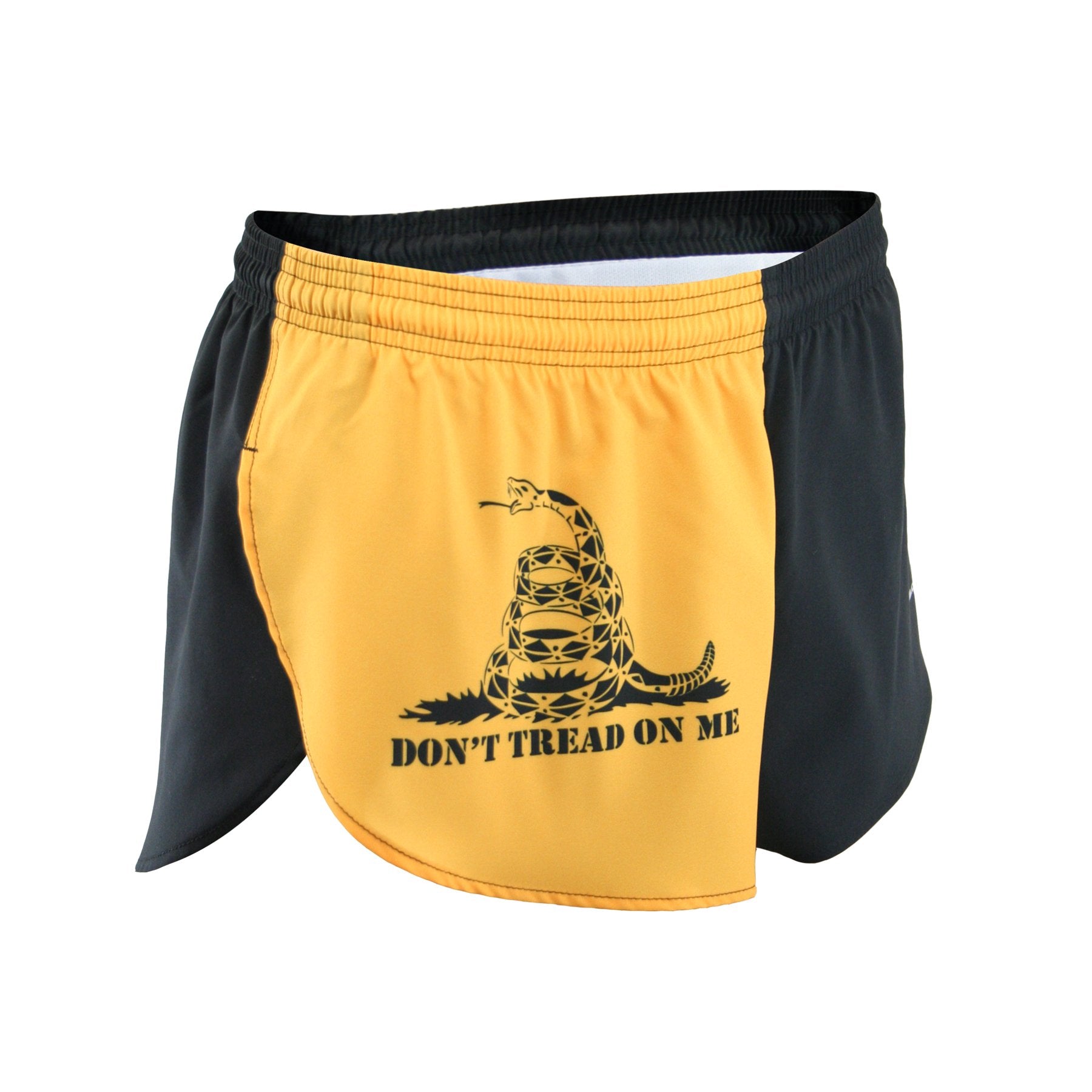 Men's Flag 1" Elite Split Running Shorts in gold and black featuring a coiled rattlesnake graphic with "Don't Tread on Me" text, inspired by the Gadsden Flag design.