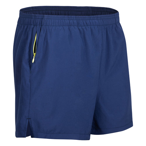 blue short showing zip pocket and hand pocket