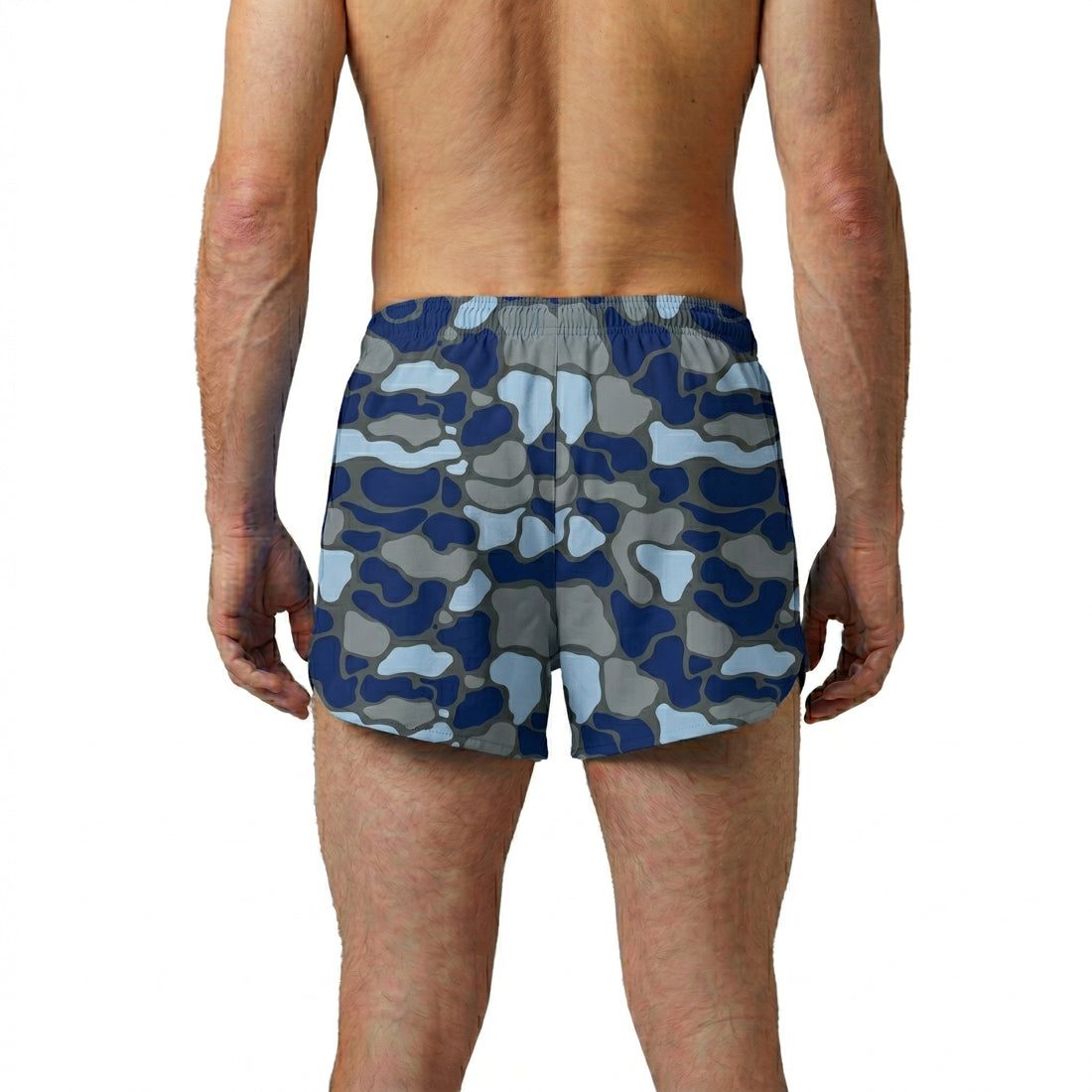 Men's Printed 3" Half Split Shorts in Urban Camo Grey featuring a blue, light blue, and grey camouflage pattern, shown from the back on a male model.