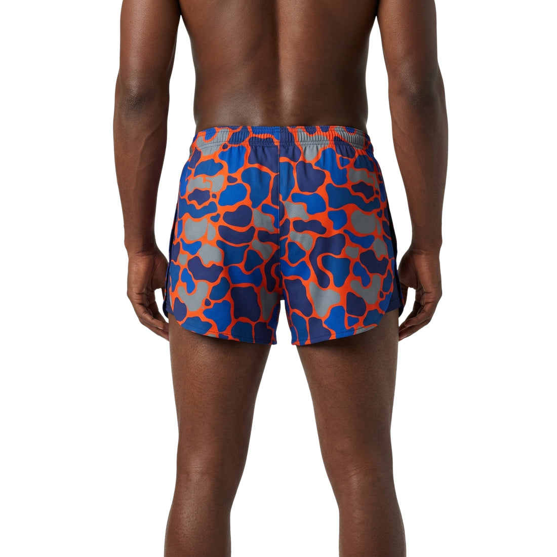 Men's Printed 3" Half Split Shorts in Urban Camo Orange featuring a bold blue, orange, and gray camouflage-inspired giraffe print pattern with an elastic waistband, shown from the back on a male model.
