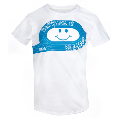 Womens White and Blue Don't Worry Be Lappy Vapor Lite Graphic Tee