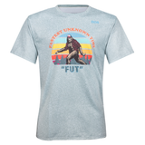 Mens Fastest Unknown Time Tee. Light blue backgorund center graphic showing bigfoot walking. 
