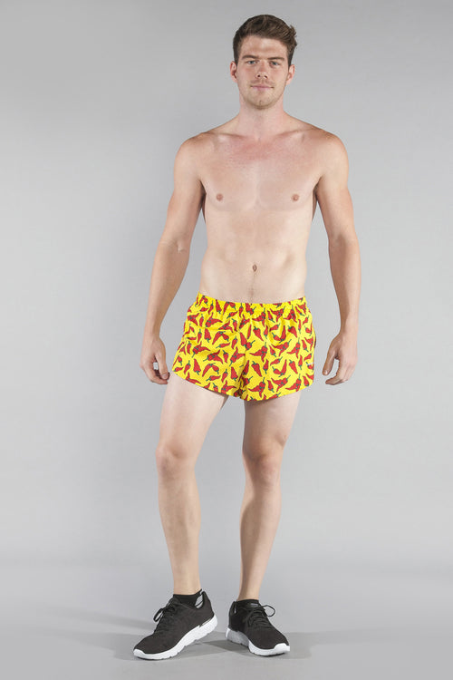 MENS STRETCH 1" ELITE PRINTED SPLIT RUN SHORT- YELLOW CHILI PEPPER - BOAUSA